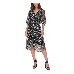 DKNY Womens Black Tie Zippered Pouf V Neck Midi Evening Faux Wrap Dress 2